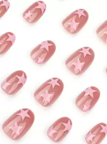 24片椭圆形短指甲贴纸套装，法式简约粉色星星假指甲，甜美清新DIY美甲装饰，适合女性和女孩在任何场合佩戴 - 彩色 - 查看 3