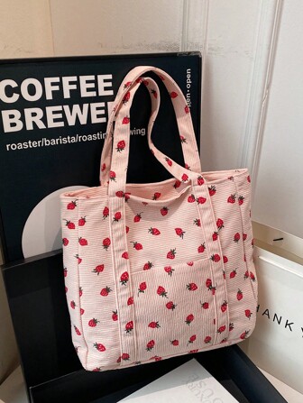 Women's Minimalist Strawberry Print Shoulder Bag, Large Capacity Vacation Travel Outdoor Tote, Casual Multi-Pocket Corduroy Top Handle Handbag, Lightweight Portable Daily Shopping Crossbody Bag, Suitable For Commuting & Outings, Fashionable & Adorable Strawberry Wallet, Big Size Campus Tote With Multiple Compartments, Ideal For Beach, School, Work And Everyday Use