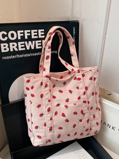Women's Minimalist Strawberry Print Shoulder Bag, Large Capacity Vacation Travel Outdoor Tote, Casual Multi-Pocket Corduroy Top Handle Handbag, Lightweight Portable Daily Shopping Crossbody Bag, Suitable For Commuting & Outings, Fashionable & Adorable Strawberry Wallet, Big Size Campus Tote With Multiple Compartments, Ideal For Beach, School, Work And Everyday Use, Strawberry