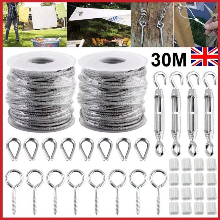 30M Stainless Steel Wire Rope Cable Hooks Hanging Kit Garden Railing Rope Roll - Silver - View 1