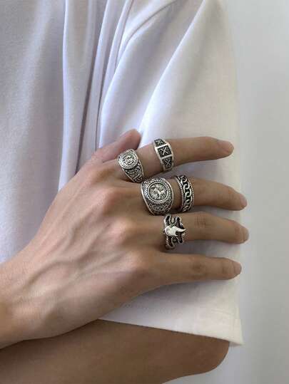 5件套复古金属戒指套装，男士款，图腾几何设计戒指，闭口戒指形状，随机搭配