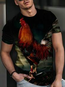 男士3D公鸡印花T恤 - 休闲短袖圆领上衣，饰有大型公鸡图案 - 黑色 - 查看 3