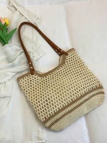 1 pieza Bolso de playa de estilo casual, con bloques de color, rayas y abertura, adecuado para mujeres de vacaciones