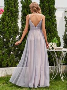 EVERPRETTY Elegant Women's Contrast Color Spaghetti Strap Mesh Bridesmaid Dress