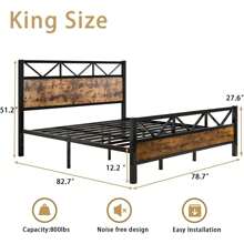 Wooden Bed Frame With Tall Headboard, Metal Platform Bed Frame With Headboard And Footboard, Under-Bed Storage, Easy Assemble, Brown/ Grey, Twin/ Full/ Queen/ King - 棕色 - 查看 9