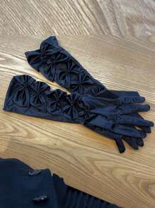 Vintage Gothic Black Bridal Gloves, Satin Pearl Bow Lolita Punk Party Photoshoot Prop Accessory Arm Sleeves