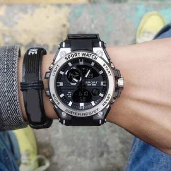 1pc Men Watch Sanda Digital Sports Watch, 50m Waterproof Led Quartz Wristwatch, Large Face