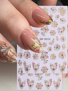 2片彩色花卉美甲贴纸，金色花瓣边缘，DIY图案自粘贴纸，适用于亚克力指甲和美甲配件。 - 彩色 - 查看 2