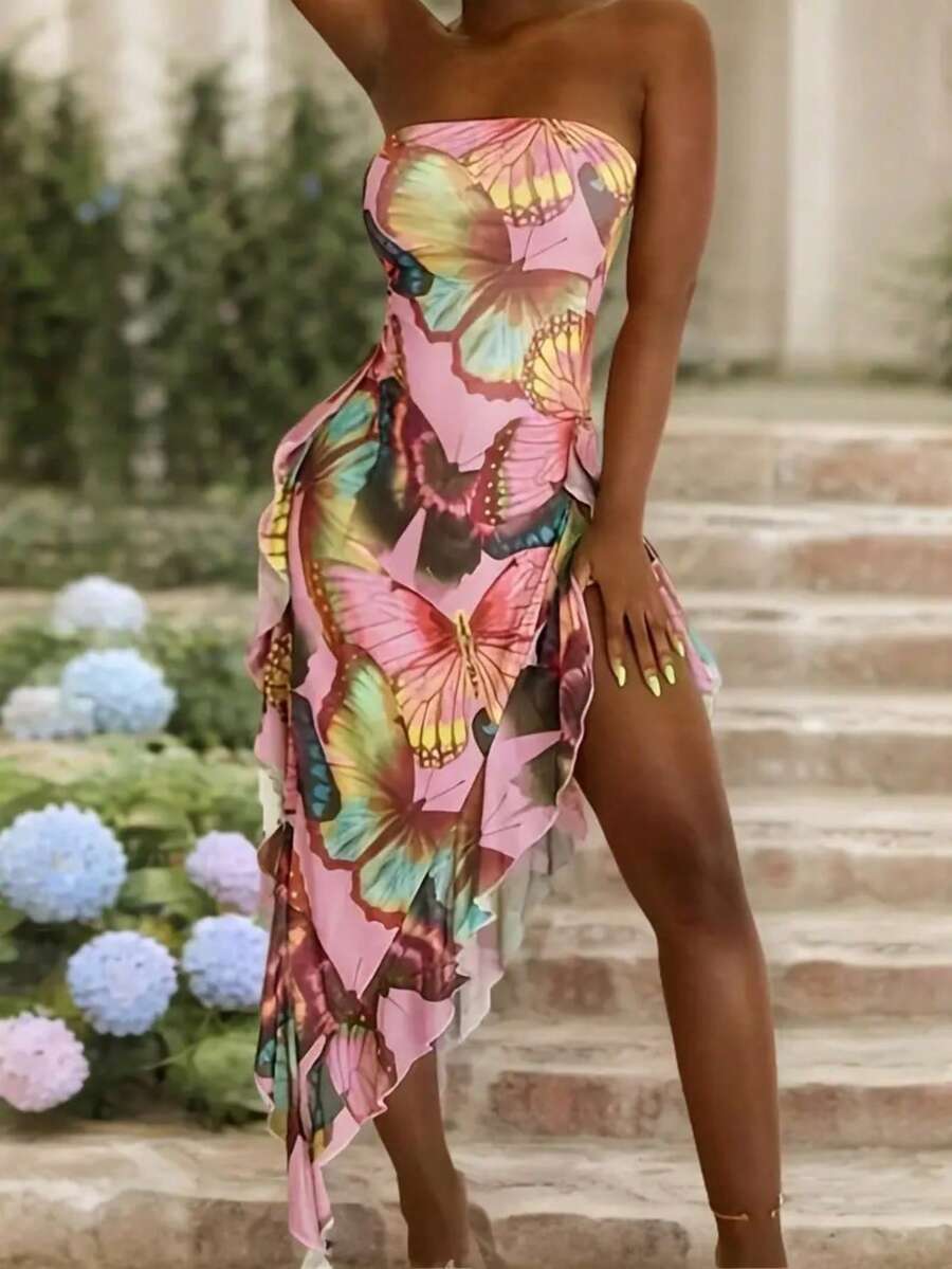 Women's Vacation Butterfly Print Splice Ruffle Hem Side Slit Strapless Fashionable Dress - Multicolor - View 1