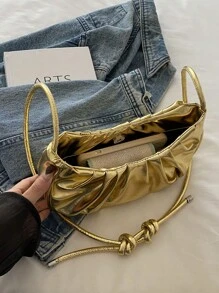 Bolso de mano plegado de unicolor dorado con estilo de nube, bolso de hombro/bandolera de estilo dulce minimalista. Adecuado para compras, uso diario, también adecuado para estudiantes, mujeres jóvenes y trabajadores de oficina. Perfecto para oficina, universidad, trabajo, negocios, viajes al trabajo, actividades al aire libre, viajes y picnics, etc. - Dorado - Ver 6