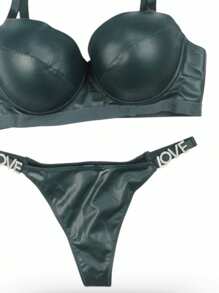 Sexy Vinyl Bra And Thong Set With Incredible Metal Letter Detail With Rhinestones, Smooth Design, High Support, B Cup. - 軍綠色 - 查看 3