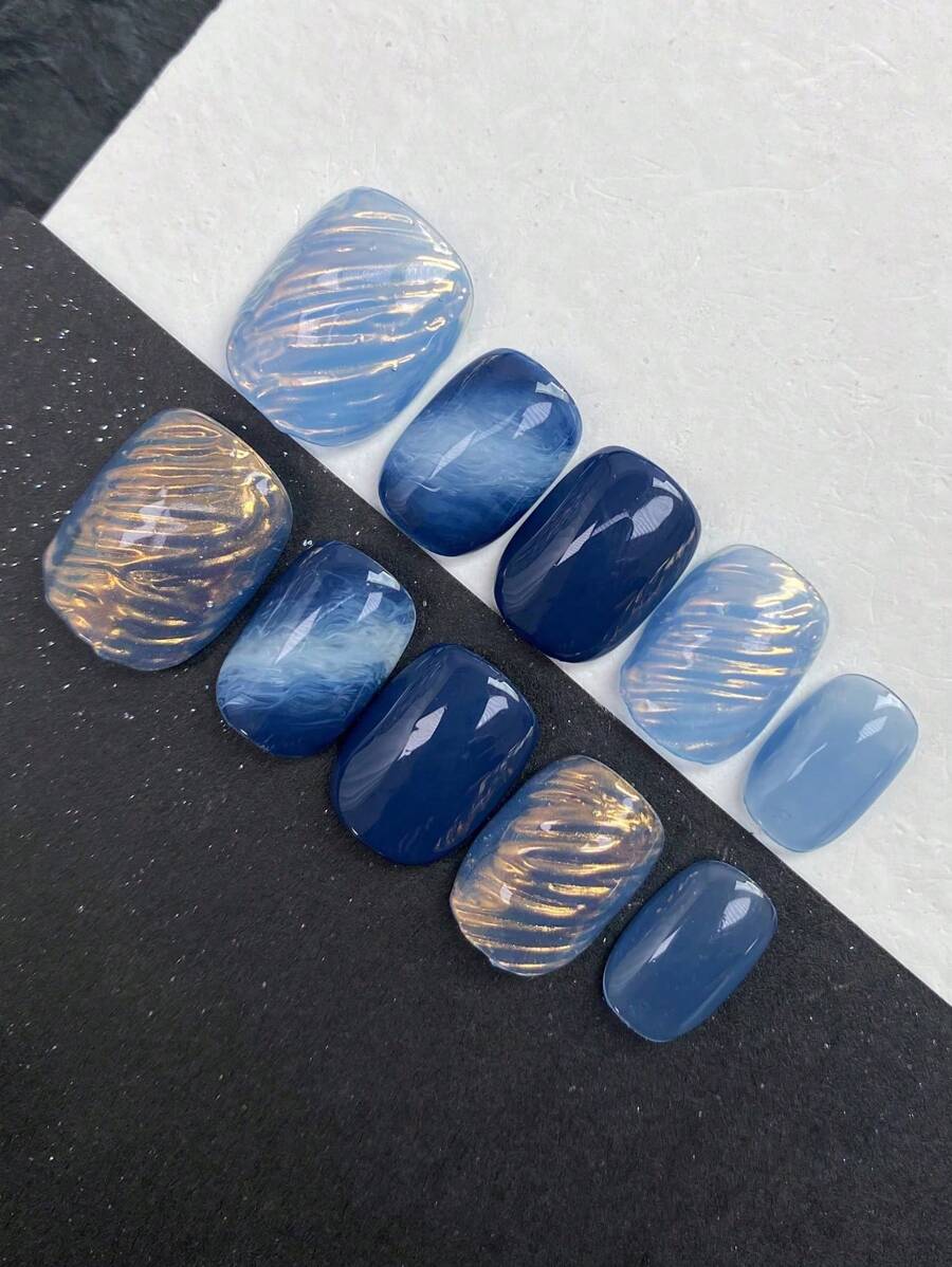 XEERCOOU 10Pcs Short Press On Nails Blue Flash Of Light Gradient Short Office Dailywear False Nails Includes 1Sheet Tabs &1 Pc Mini File Nail Supplies Nails