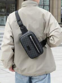 1 pieza Bolso de pecho de hombre con estampado geométrico negro de PU, bolso bandolera casual y de moda adecuado para compras, deportes, vacaciones para hombres y mujeres
