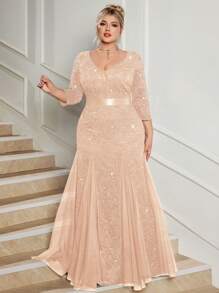 大码深V领亮片花卉蕾丝网纱美人鱼长裙，适合婚礼宾客、生日、家庭聚会、节日、毕业典礼等场合，尽显春季优雅气质。 - 香檳色 - 查看 10