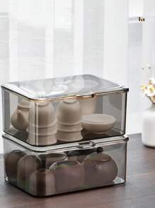 1pc Tea Storage Box With Cover, Transparent Dust-Proof Tea Table Tea Leaves Teacup Organizer, Tea Set Holder