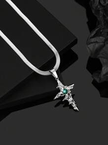 1pc Stainless Steel Cross & Coiled Snake Pendant Necklace, Rhinestone Embellished, Men's Vintage Style