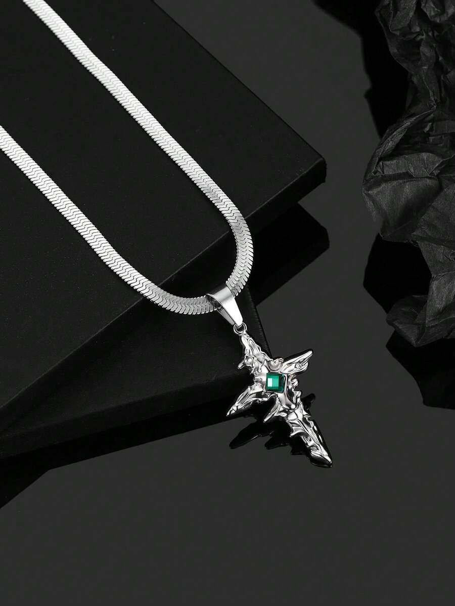 1pc Stainless Steel Cross & Coiled Snake Pendant Necklace, Rhinestone Embellished, Men's Vintage Style