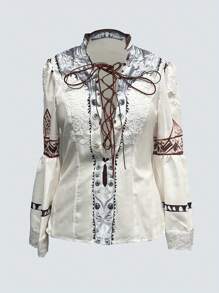 Vintage Western Lace-Up Bell Sleeve Shirt - trắng - Xem 2