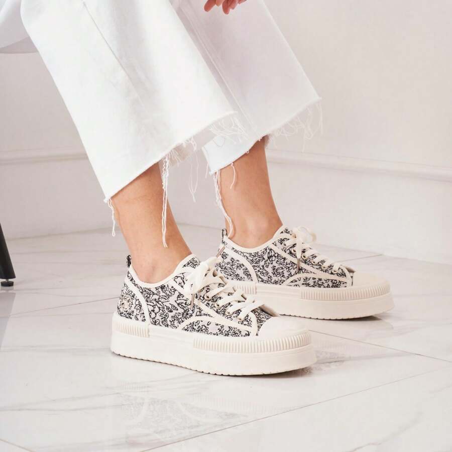 Baskets Plateforme And Lacts Avec Broderie Latérale And Semelle Texturée Style Rétro - White-8977-1 - View 1
