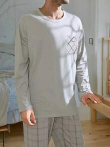 2 pièces Ensembles de pyjama pour hommes, Top à manches longues et pantalon long, motif à carreaux mode, vêtements de détente casual pour le printemps, l'automne et l'hiver, avec poche, col rond, tissu tricoté élastique, vêtements d'automne