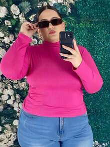 Plus High Neck Solid Blouse - Hot Pink - View 2