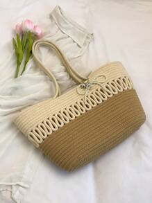 1 件纯色编织棉绳手提包，时尚手工草编大容量购物袋，适合女性日常使用或度假 - 彩色 - 查看 5