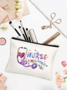 Polychrome Makeup Bag With Creative Patterns Related To The Nurse Theme, A Storage Bag With The Letter "Nurse", Which Can Store Medical , A Multifunctional Beauty Bag,Handbag, Coin Purse, Miscellaneous Storage, Medication Classification