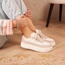 女士厚底运动鞋 | 编织鞋面和厚底 - 米色 - 查看 3