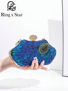 1 pieza Bolso de noche de mujer con forma de pavo real con lentejuelas, Brillante bolso de noche con forma de pavo real, se puede combinar con cheongsam, vestido de noche, para participar en varios eventos y fiestas, elegante bolso de noche