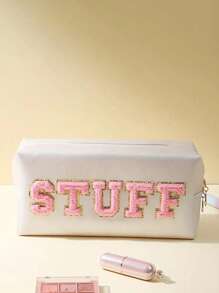 1 Piece//2pcs/4pcs Waterproof Cute Women Makeup Bag For Teen Girls Preppy Chenille Letter Patches SKIN HAIR FACE BATH STUFF Travel Cosmetic Pouch Skincare Face Initial Cosmetic Bag Toieltry Bag Hair Products Stuff Pouch - Beige - View 8