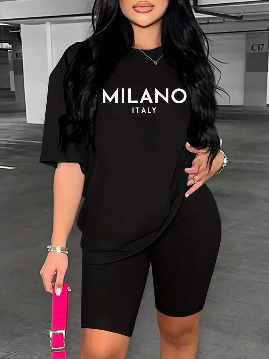 Summer New Fashion MILANO Letter Print Women Casual Minimalist Matching Crew Neck T-Shirt And Shorts 2pcs Set - Black - View 1