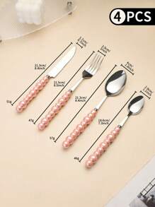 4pcs/Set Stainless Steel Utensil Set,Romantic Ceramic Pearl Handle Western Cutlery Knife Fork Spoon Coffee Spoon,Reusable Tableware,Or School, Picnics, Parties, Outdoor Dining, Camping Accessories School Supplies Travel Essentials Accessories Back To School Dorm Essentials