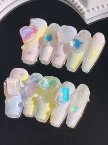 10pcs Asymmetrical Shaped Casket, Macaron Color, Handmade 3D Dopamine Candy Jewel Crystal Varied Gradient Nail Art Decals, Suitable For Parties, Cosplay, Festivals, Dates, Music Events. Detachable, Reusable Nail Stickers, Includes 1pc Jelly Gel + 1pc Nail Pusher