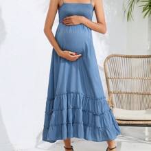 Women's Sleeveless Maternity Dress Summer Spaghetti Strap Smocked Tiered Flowy Maxi Dress For Baby Shower Photoshoot