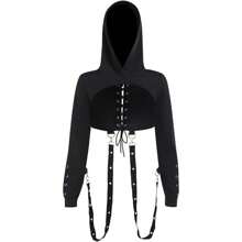Women's Gothic Hoodie Crop Tops Long Sleeve Punk Black Rave Hood Outfit Festival Goth Aesthetic Emo Teens