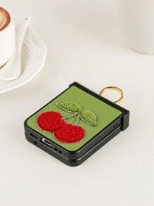 1pc Metal Ring Holder Phone Case With Hinge Protection, Full-Body Pu Leather Electroplated Embroidery Cute Cherry Design Compatible With Galaxy Z Flip3 5G, Galaxy Z Flip4 5G, Galaxy Z Flip5 5G, Galaxy Z Flip6 5G