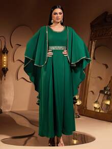 New Luxury Fashion Elegant Embroidered Lace Belted Robe Dress For Women - Dark Green - View 3