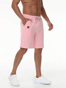 Summer Men's Knit Sport Shorts Casual Drawstring Shorts With Zipper Pockets Elastic Waist - 粉色 - 查看 2