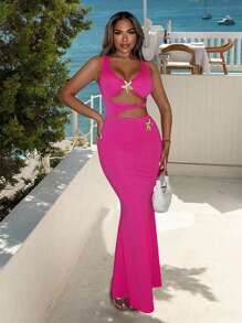 Women's Starfish Metallic Buckle Accent Maxi Dress - Hot Pink - View 1