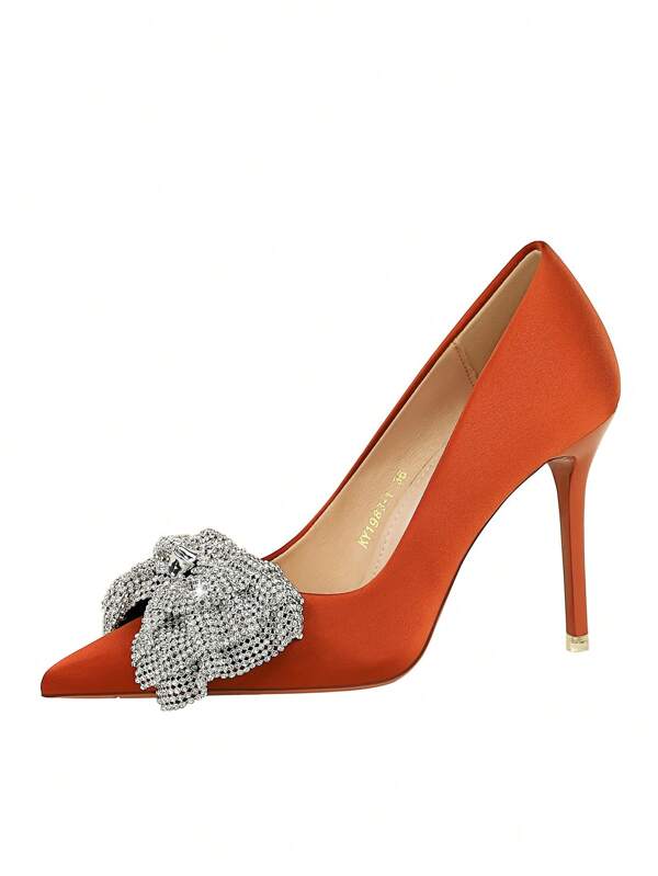 European And American Style Rhinestone Bow Pointed Toe High Heel Pumps, Women Dress Shoes