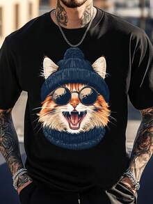 Cool Cat Design Men's Cotton T-Shirt Crew Neck Short Sleeve Soft And Comfortable 100% Cotton Street Style Graphic Printed Tee 220g Ideal For Casual Outings - Black - View 2