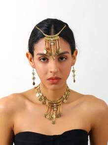 1 set de design de pièce de monnaie vintage arabe comprenant 1 chaîne de tête + 1 collier + 1 paire de boucles d'oreilles, convient aux femmes, cadeau de vacances