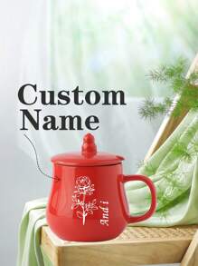 1 pieza Taza de cerámica roja con tapa, personalizable con nombre/texto, regalos para amigos, maestros, padres, tazas de oficina