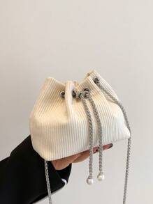 迷你灯芯绒链条水桶包，金属抽绳设计钱包，女士斜挎包祝福包派对包