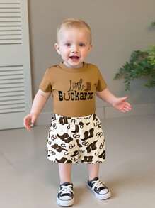Baby Boys Western Shorts Sets Short Sleeve O Neck Letter Print Tops And Boots Print Shorts Sets