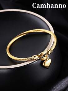 Camhanno 1 件复古简约不锈钢马蹄形吊坠爱心手镯（男士/女士礼物）适合送给丈夫的节日礼物 - 馬蹄扣愛心手鐲 - 查看 2