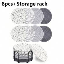 4/8 件编织饮料杯垫，圆形吸水饮料杯垫，手工布艺杯垫，带托盘的吸水杯垫套装，波西米亚风格 - 灰色 - 查看 11