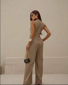 Long Wrap Jumpsuit With V-Neckline - Beige - View 2