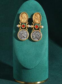Vintage Tarnished Copper-18K Gold Plated Antique Coin Cameo Portrait Earrings With Faux Agate & Glass Crystal Beads