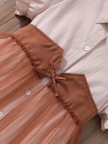 Tween Girl' Solid Color Short Sleeve Collared Waist Bow Mesh Patchwork Dress - Brown - View 7